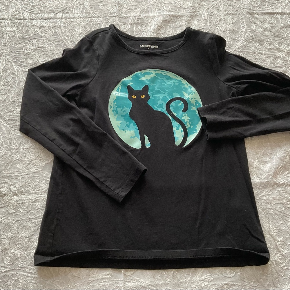 Cat & Moon Graphic Lands End Long Sleeve Black T-Shirt - Size 7/8